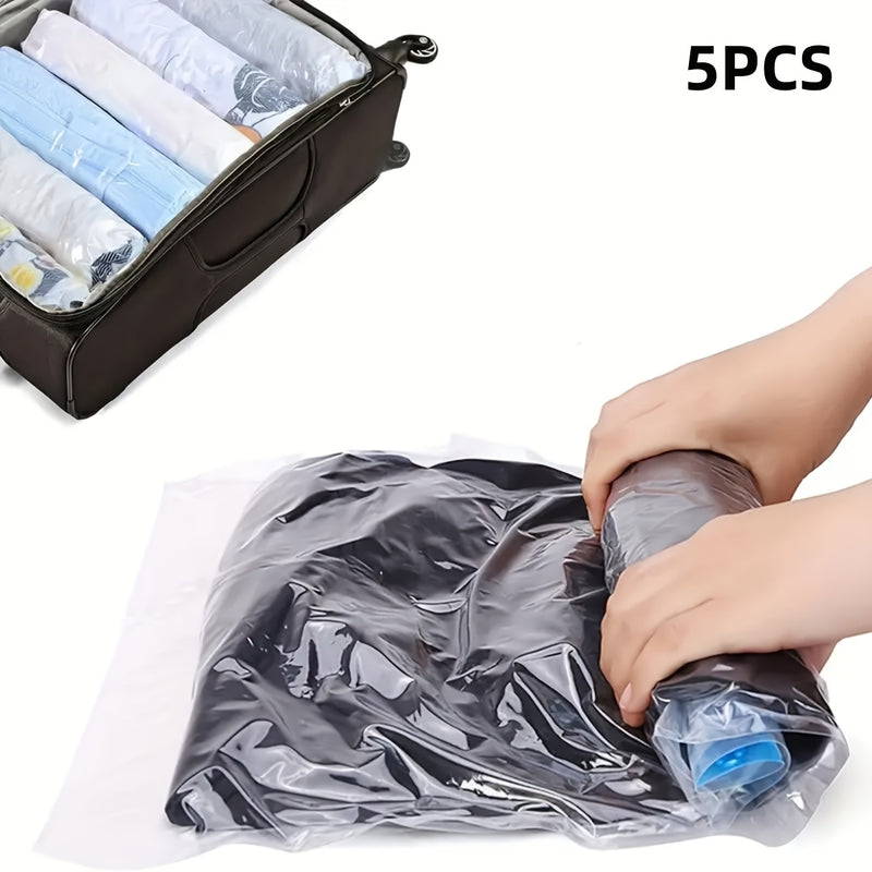 5pcs Bolsas de Almacenamiento al Vacío Enrolladas a Mano - Ahorra Espacio, No Necesita Bomba - Ideales para Viajes y Organización del Hogar, con Cremallera, Multiusos, Bolsas de Plástico Rectangulares para Ropa, Libros y Más