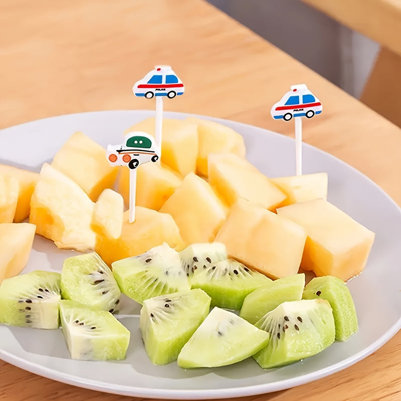 6 piezas de tenedores de postre de vehículos de dibujos animados, picas de frutas de plástico para pasteles, divertidos diseños de coches y camiones para aperitivos y snacks de fiesta
