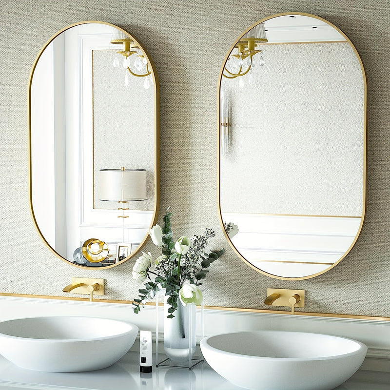 Espejo ovalado para baño de 60x40 cm, montado en la pared, marco de aluminio espacial, acabado cepillado, sin electricidad, espejo decorativo elegante para ducha y maquillaje, fácil instalación en superficies de vidrio - dorado/negro