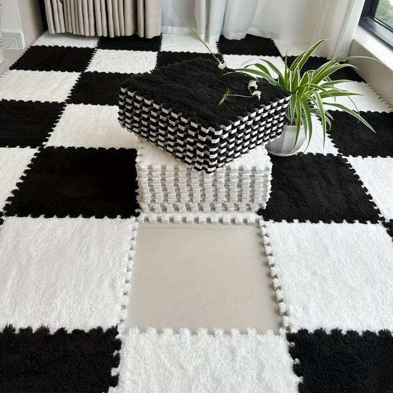 24 piezas de tapetes de peluche entrelazados - Diseño a cuadros en azul y gris, material lavable de EVA y poliéster, perfectos para decorar la sala, habitación o cuarto de juegos