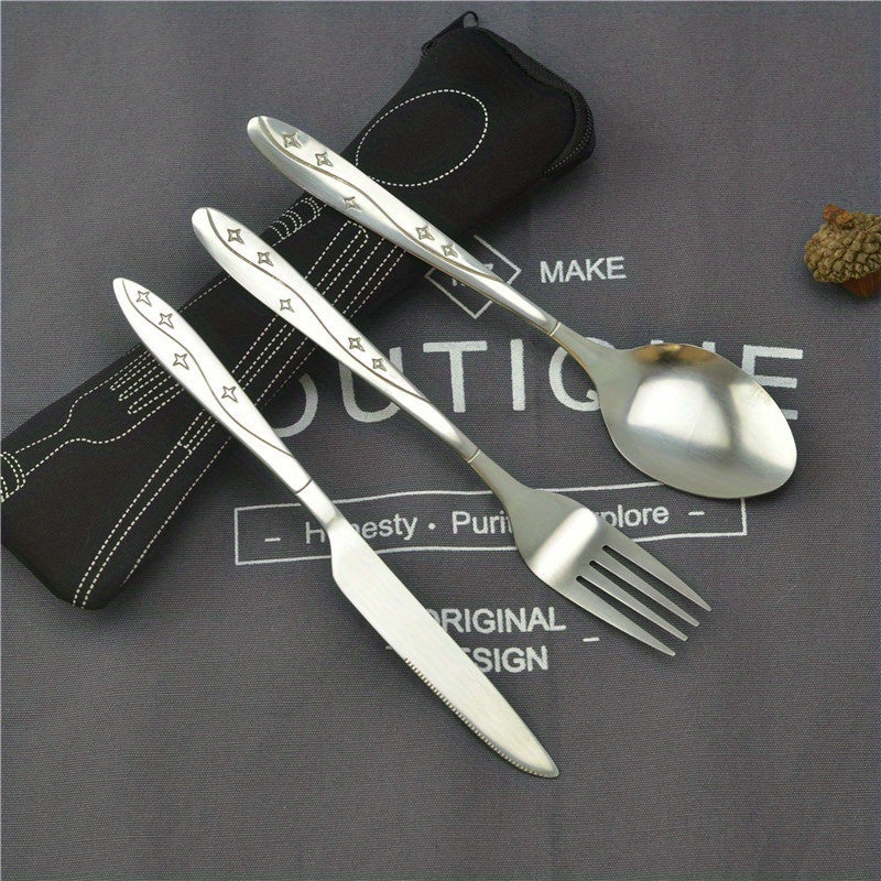 Juego de 3 piezas de cubiertos portátiles, cuchillo, tenedor y cuchara de acero inoxidable con estampado, para camping, barbacoa y uso familiar, incluye bolsa