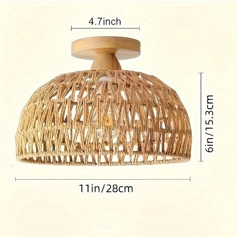 Lámpara de techo rústica retro marrón con cabeza de lámpara de madera y jaula metálica semicircular de ratán para sala de estar, pasillo, baño, cocina, dormitorio, galería interior, cafetería - compatible con bombillas E26/E27 (bombilla no incluida)
