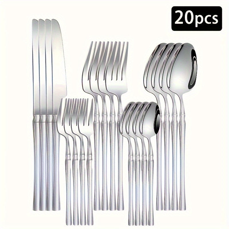 20/30/40 piezas Juego de cubiertos de acero inoxidable elegante plateado, cintura delgada y mango delicado, 4/6/8 persona vajilla de alta calidad, cuchillo para bistec, tenedor, cuchara, cuchara de postre y tenedor, para hogar, cocina, restaurante, fiest