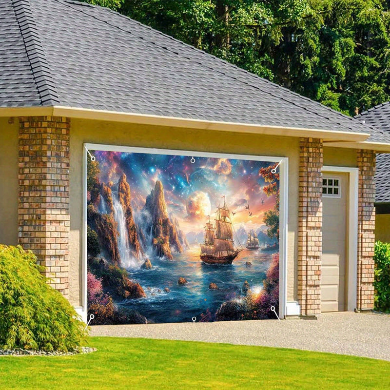 Banner para Puerta de Garaje Estrellado Cascada 1 pieza - Gran Telón de Fondo Decorativo Exterior con Barco de Vela, Cascada y Escena de Atardecer para Fiestas, Vacaciones y Decoración del Hogar
