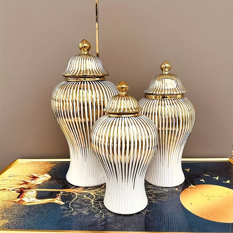 1pc Jarrón Cilíndrico Clásico a Rayas Dorado, Jarra de Cerámica Lujosa para Decoración - Elegante Florero con Tapa, Centro de Mesa para Hogar o Bodas, Recipiente Atemporal sin Necesidad de Baterías Eléctricas
