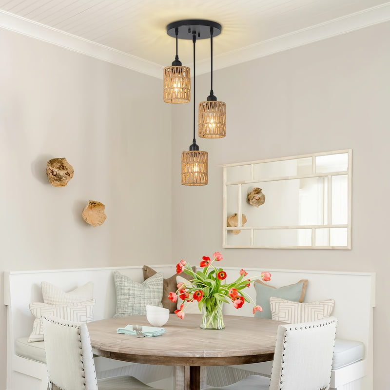Lámpara colgante de ratán con 3 luces, lámpara de techo estilo granja para comedor, iluminación colgante boho con pantallas tejidas a mano de mimbre, ideal para cocina, sala, dormitorio, entrada o pasillo