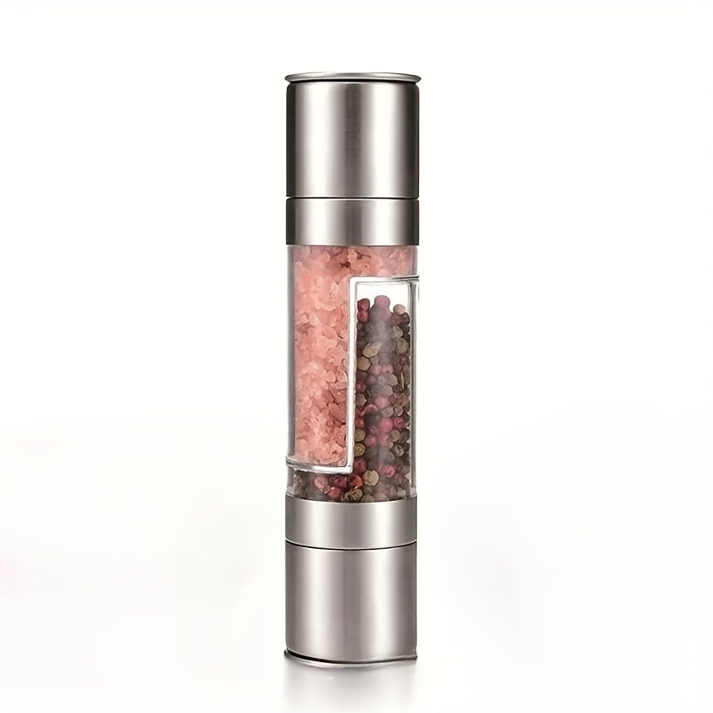 1pc Molinillo de especias manual de acero inoxidable, molinillo de pimienta y sal marina de doble cabezal, portátil, sin carga, para el hogar, restaurante, barbacoa al aire libre, cocina de caravana
