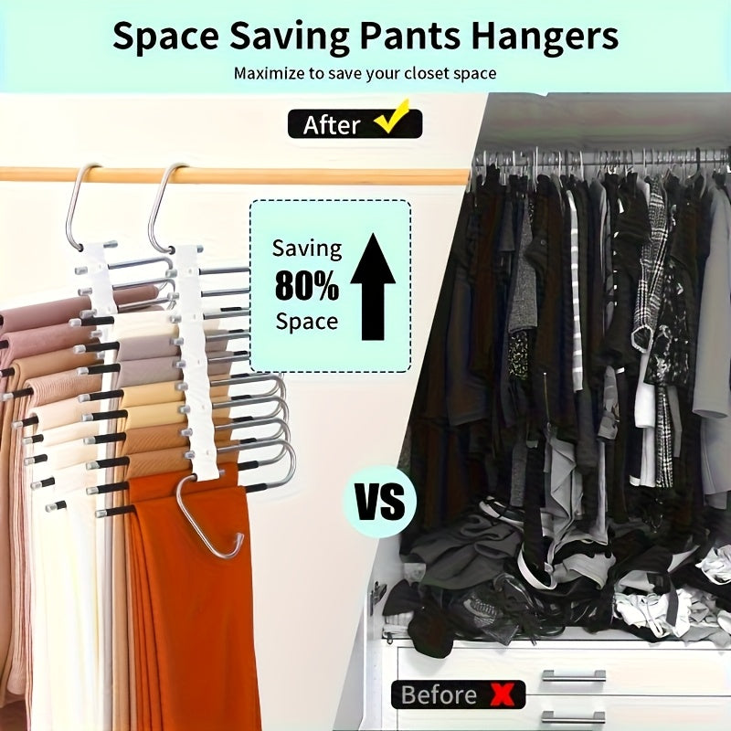Colgador de 9 niveles ahorrador de espacio con revestimiento antideslizante, incluye 5 ganchos, diseño en acero inoxidable reduce el desorden un 80%, ideal para jeans ajustados y telas de mezclilla