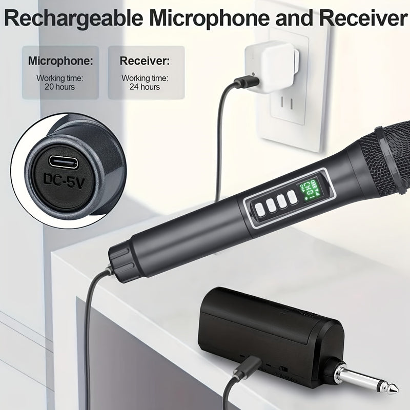 Micrófono inalámbrico negro, 2,4 GHz, sin cables, recargable por USB con batería, con enchufe de 6,35 mm, 4 efectos de cambio de voz, control de volumen, todo recargable, para actuaciones en vivo, conciertos, karaoke, estudios de grabación.