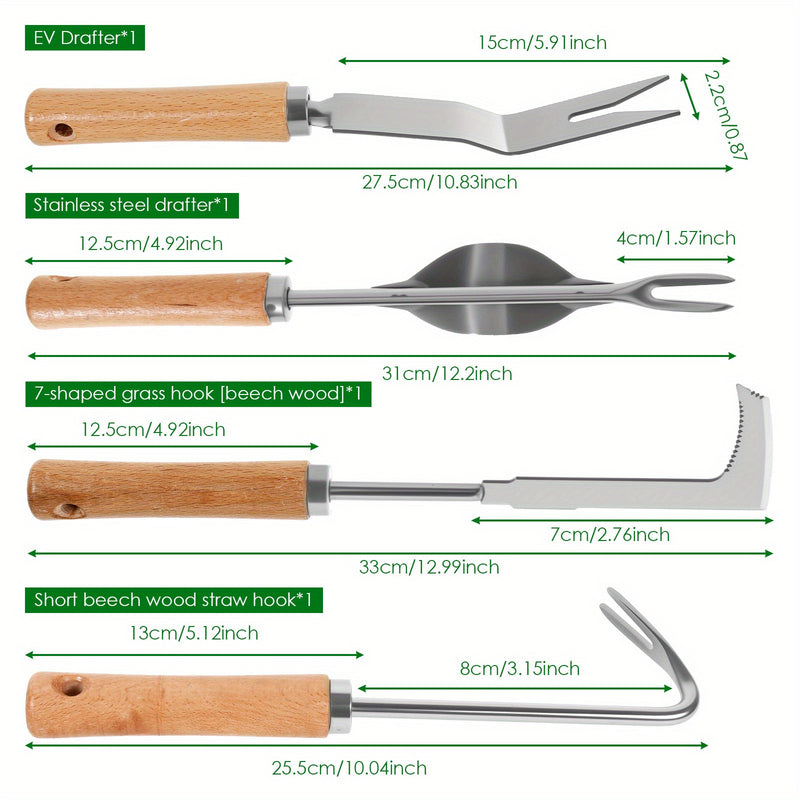 Juego de 4 Herramientas para Deshierbar Acero Inoxidable con Mango Ergonómico de Madera, Set Multiusos para Jardinería y Transplante