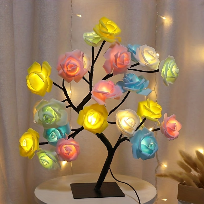 1pc LED Rose Flower Lámpara De Mesa, Valentine Tree Fairy Lights 24LED Rose Flower Tree Lights Día De San Valentín USB Lámpara De Mesa Fairy Maple Leaf Night Light Fiesta En Casa Navidad Boda Dormitorio Decoración Regalo