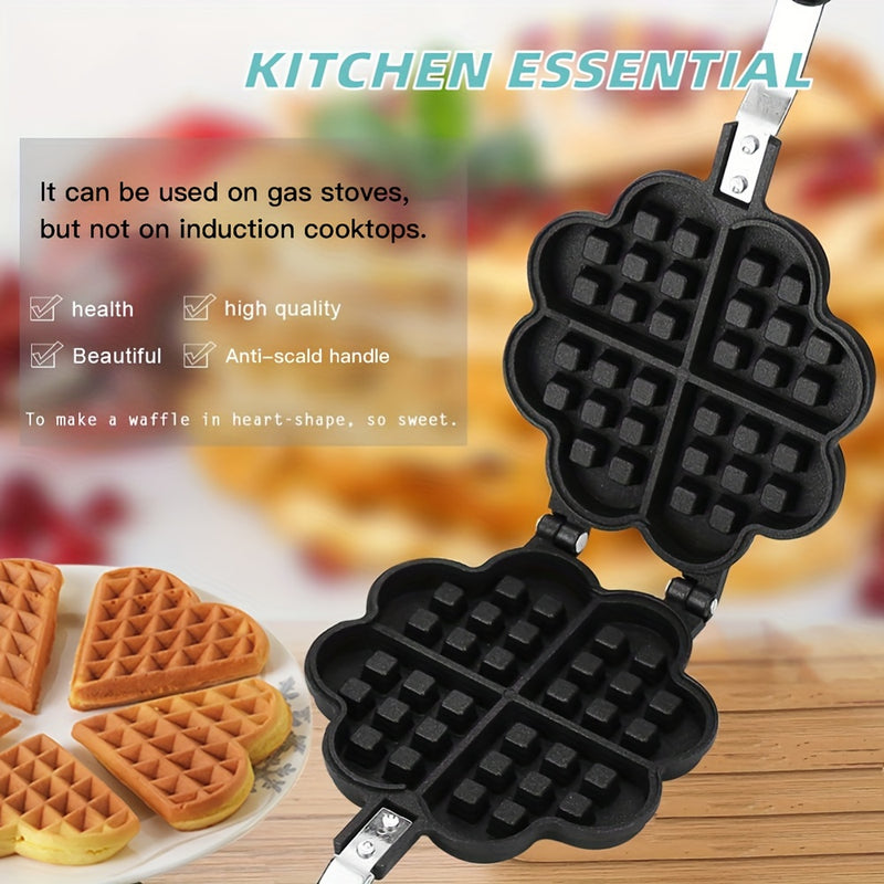 1 pieza, sartén de waffles de corazón de doble cara antiadherente, molde de waffles de aleación de aluminio con mango negro, perfecto para waffles belgas y sandwiches, accesorio de cocina para hornear, molde de waffles