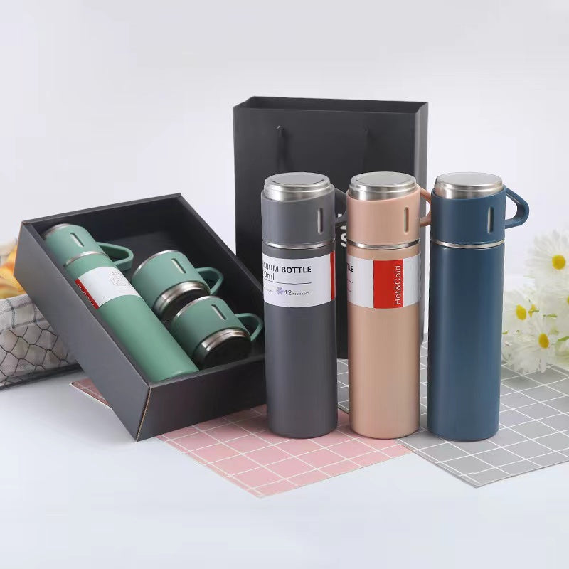 Juego de 4 termos de acero inoxidable con 3 tapas, multiusos, sin necesidad de electricidad, ideal para bebidas frías y calientes, incluye caja de regalo