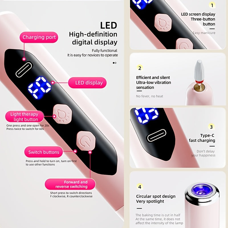 Perforadora de Uñas Inalámbrica con Luz en Forma de U, Herramienta 2-en-1 para Manicura y Pedicura en Casa, Lima Eléctrica con Puntas Profesionales e Incluye 12 Accesorios