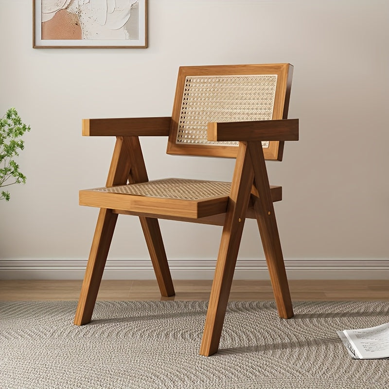 Silla de ratán de madera maciza resistente con brazos - Sillón estilo japonés para balcón, diseño tejido en negro y natural, cómoda para uso en casa o restaurante