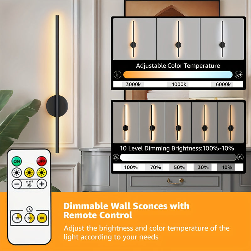 Lámpara de pared recargable tipo C de 50 cm, negra, con control remoto, regulable, función de apagado automático, montaje magnético, ideal para dormitorios, estudios, salas de estar y escaleras, fácil instalación