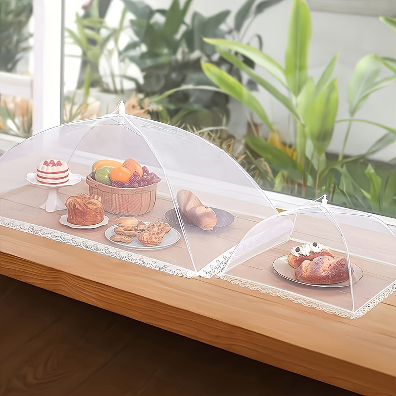 Cubierta de malla blanca grande para alimentos, plegable y lavable, carpa para picnics al aire libre, asados y fiestas, diseño de malla transparente, refugio portátil para alimentos con soporte de postes resistentes, accesorios para picnic, esenciales pa