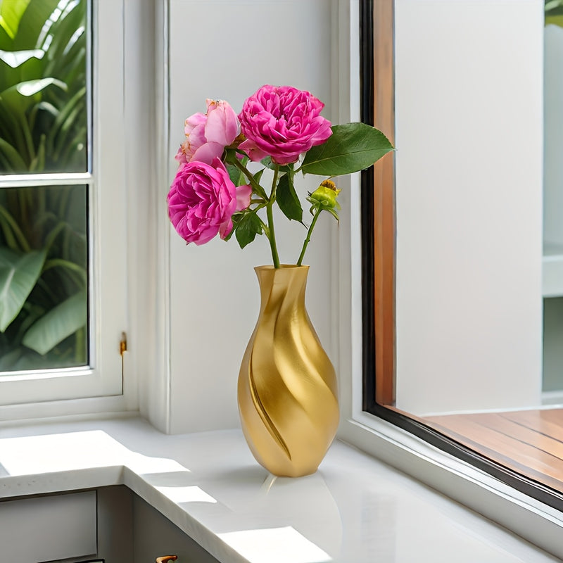 1 florero decorativo elegante de resina dorada con diseño floral rosa, estilo americano en forma de cilindro espiral, para sala, balcón o escritorio de oficina, decoración para el hogar