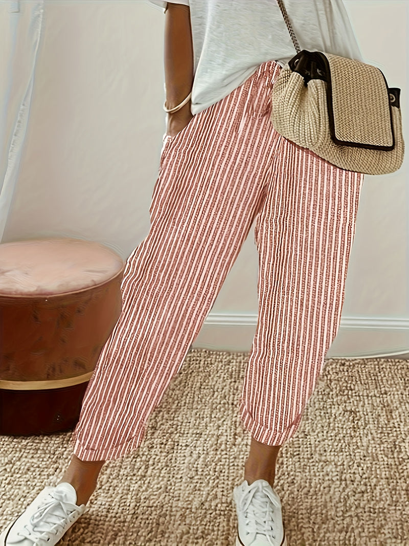 Pantalones Holgados Estampados De Rayas, Pantalones Informales De Cintura Elástica Para El Día A Día, Ropa De Mujer