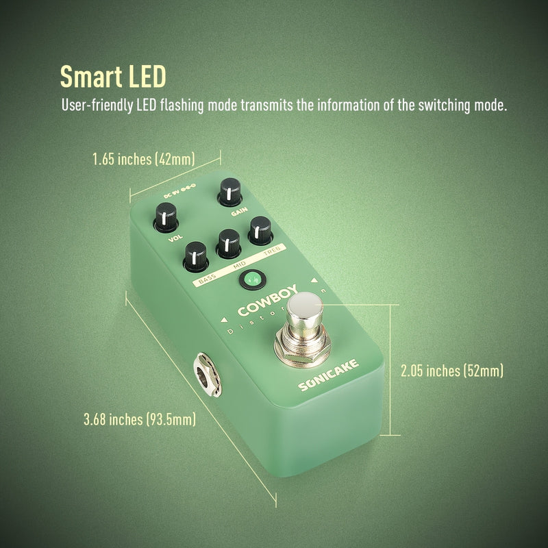 Pedal de Distorsión Sonicake Cowboy - Homenaje a Dimebag Darrell con Interruptor Dual (Bajo/Medios/Agudos), Construcción Metálica Resistente, Pedal Compacto Verde para Heavy Metal, Rock y Blues - Incluye Correa Hook and Loop, Compatible con 9V-18V DC (Po