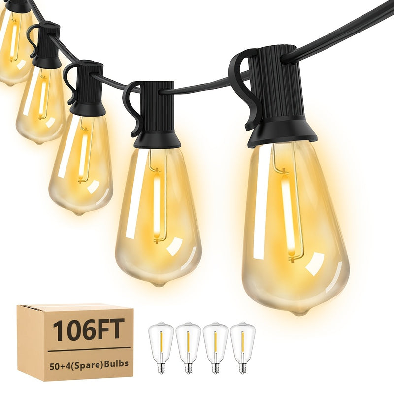 Luces de cuerda ST38 para exteriores, 106 pies, 50+4 bombillas LED regulables, resistentes al agua, amarillo brillante 2700K, enchufe US 110-130V, candelabro semiempotrado para patio, bistro, fiestas, bodas, jardín, gazebo, terraza, porche - No requiere