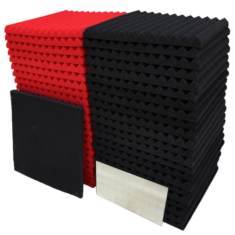 50 piezas de Paneles Cuña de Espuma Acústica VIBuilt - 30cm x 30cm x 2.5cm, Negros y Rojos para Estudio, Paneles Insonorizantes para Grabación, Instrumentos y Reducción de Ruido, Instalación Fácil, Diseño Modular