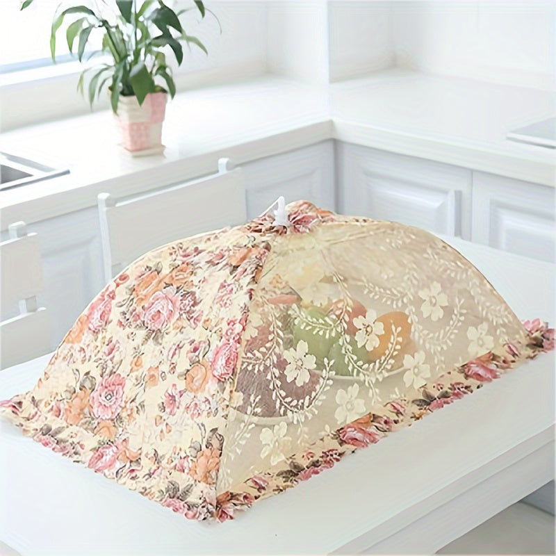 Cubierta de comida plegable con diseño floral, gran capacidad, redonda y rectangular, tejido no alimenticio con detalle de hilo metálico, perfecto para comer al aire libre y pícnic, mantel de pícnic | Decoración de mesa elegante | Detalle de hilo metálic