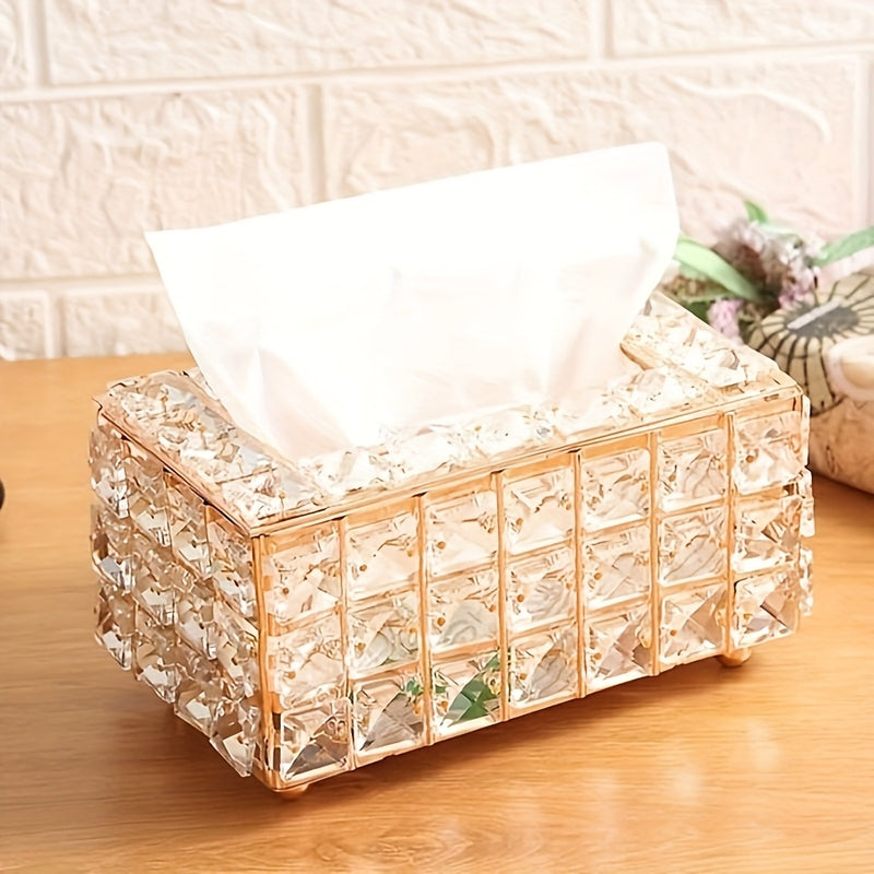 Soporte Elegante para Caja de Pañuelos de Metal con Detalles en Cristal, Blanco y Dorado, Tapadera Extraíble, Forma Rectangular, Ideal para Cocina, Comedor y Decoración del Hogar