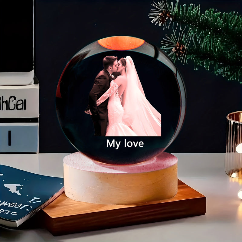 Esfera de cristal personalizable con base de madera - Esfera de vidrio con fotos personalizadas para decoración de dormitorio y sala de estar - Regalo ideal para cumpleaños, San Valentín, Acción de Gracias, Navidad - Opción de grabado DIY, alimentado por