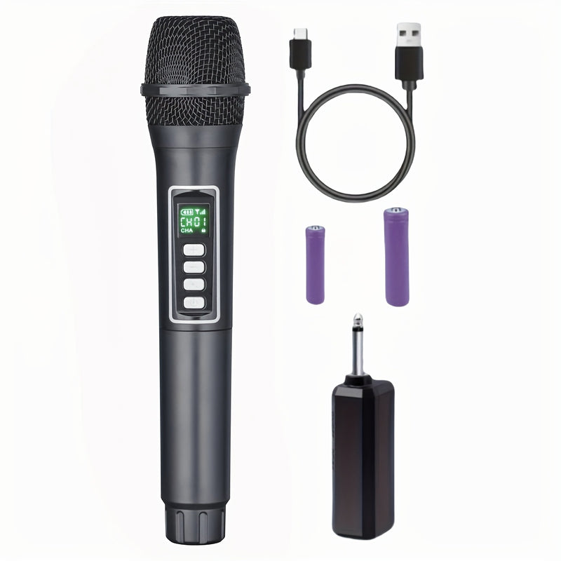 Micrófono inalámbrico negro, 2,4 GHz, sin cables, recargable por USB con batería, con enchufe de 6,35 mm, 4 efectos de cambio de voz, control de volumen, todo recargable, para actuaciones en vivo, conciertos, karaoke, estudios de grabación.