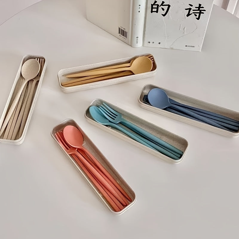 4 Piezas, Cubiertos Portátil De Paja De Trigo, Fácil De Limpiar Y Almacenar, Resistente A Caídas, Adecuado Para Estudiantes, Cuello Blanco, Cuello Azul, Uso De Viajes De Cena Al Aire Libre