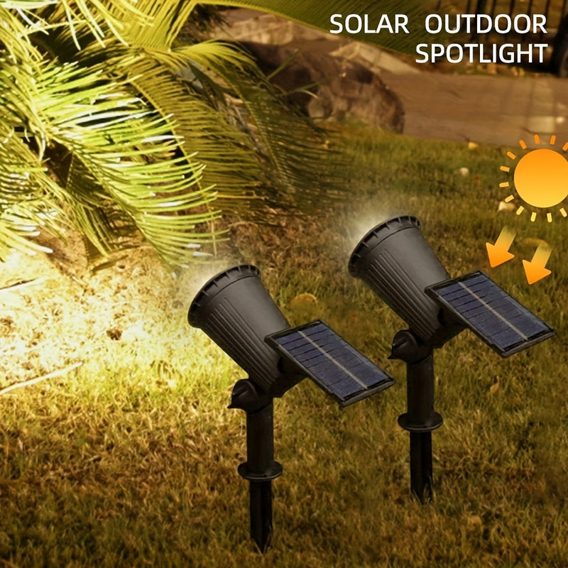 2 piezas de luces solares de 9 LED, IP65, impermeables, exteriores, RGB, solares, de paisaje, con brillo ajustable para jardines, patios, árboles, garajes, patios traseros, decoración de césped, farolas de calle, luces de foco.