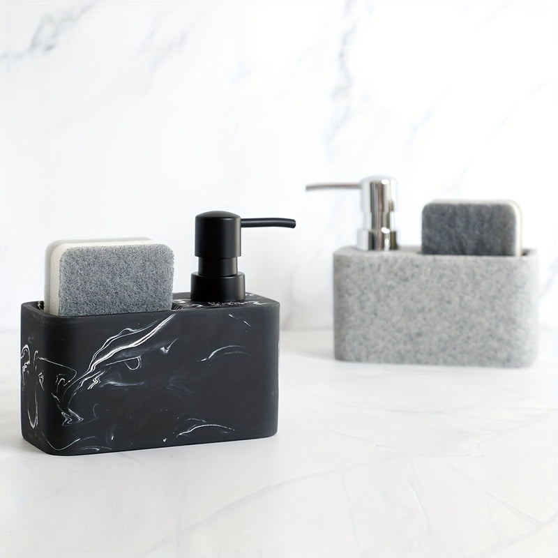 Dispensador de jabón con diseño de mármol en blanco y negro y portaesponja, ideal para decorar el baño
