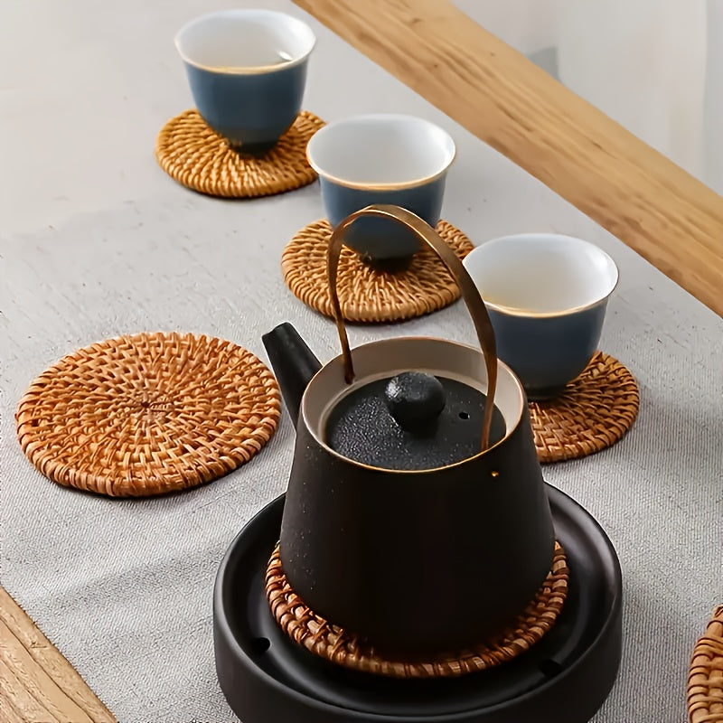Posavasos de Ratán, Juego de Té, Soporte para Ollas de Enredadera Hecho a Mano, Tapete de Bambú - Resistente al Calor para Tazas y Vajilla
