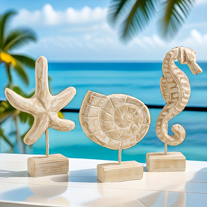 Conjunto de 3 Piezas de Estatuas de Madera Hechas a Mano al Estilo Náutico de Playa: Estatuas de Estrella de Mar/Conejo de Mar/Caballito de Mar para Decoración del Hogar