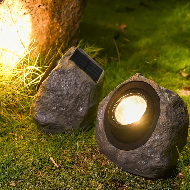 Focos solares para jardín al aire libre, luz de camino de plástico con aspecto de metal sin terminar, bajo voltaje, montaje semi empotrado, batería de níquel de 600 mAh, luz solar de roca para paisajismo, camino, patio, césped, decoración navideña/de Hal
