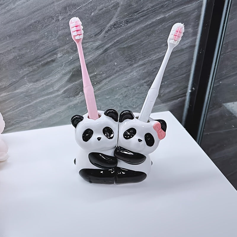 Soporte para Cepillos de Dientes de Cerámica con Diseño de Pandas Lindos, Almacenamiento Ultrasmooth Horneado a Alta Temperatura Sin Taladro para Parejas, Regalo Perfecto Adecuado para la Decoración del Baño