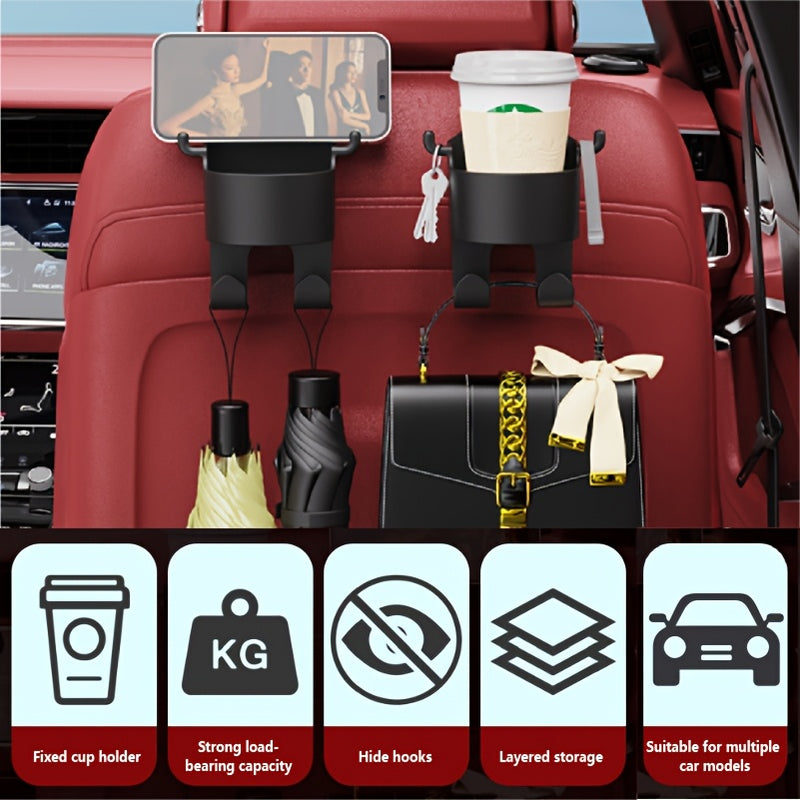 Portavasos para coche con diseño de gancho oculto, almacenamiento multicapa resistente, ahorro de espacio, carga estable sin vibraciones, estética discreta, seguridad al conducir y adaptabilidad a diferentes grosores del asiento