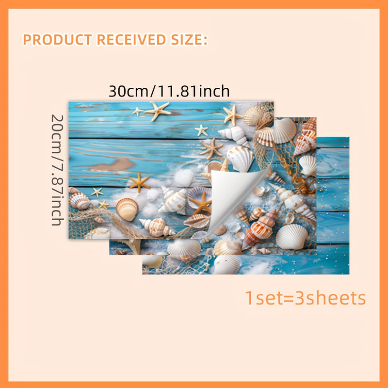 Un conjunto de tres (20*30Cm*3piezas) calcomanías de tema oceánico para inodoro con estrellas de mar y conchas para decorar baños y habitaciones, autoadhesivas ATW7028-YC.