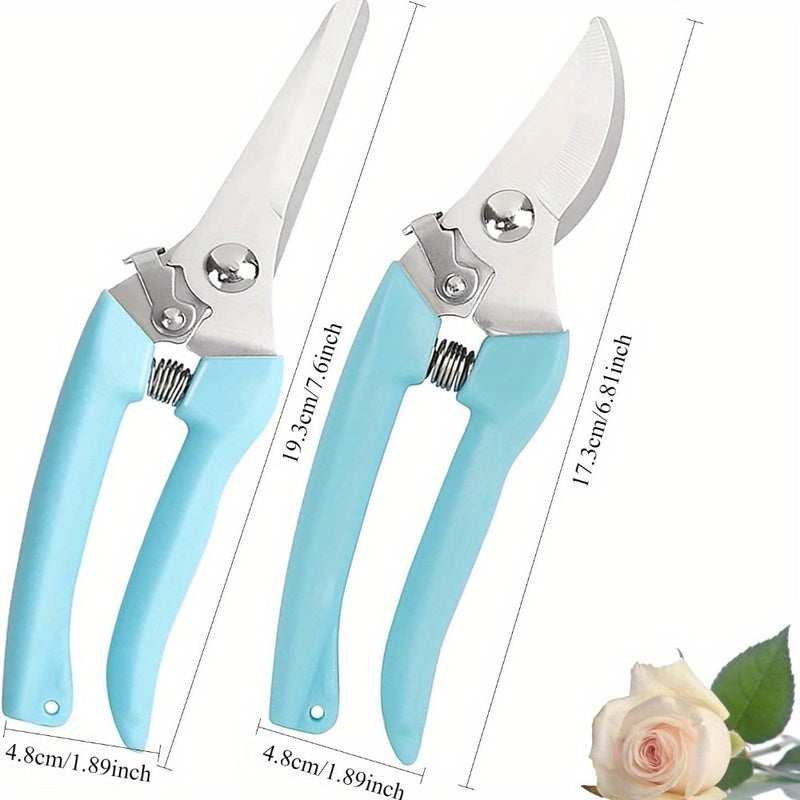 2 Piezas de Tijeras de Jardín (Azules), Set Premium de Tijeras de Poda, Cortaúñas y Cuchillas Rectas para Jardinería, Acero al Carbono Afilado, Tijeras Florales para Recortar Flores, Plantas y Bonsái, Ideales para Frutas