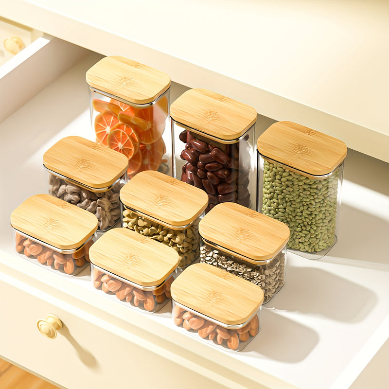 THELiFE 6/12 piezas de recipientes herméticos de plástico con tapa de madera, contenedores ultra transparentes para almacenar alimentos con tapa de bambú sellada, ideales para fideos, harina, cereal, arroz, azúcar, té, café y espagueti