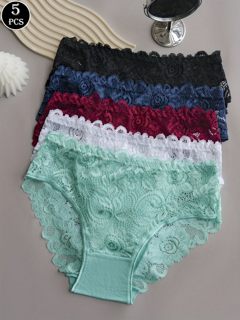 Conjunto de 5 Bragas de Encaje Floral, Bragas Triangulares Cómodas para Mujer con Ribete de Encaje