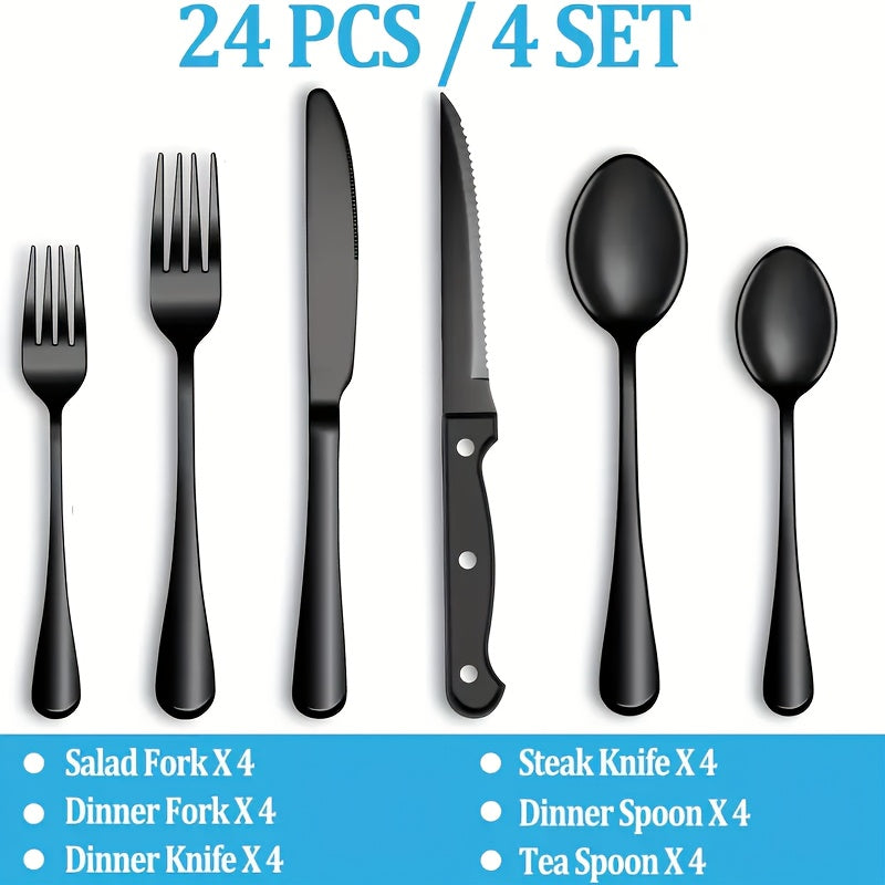 Juego de vajilla de acero inoxidable negro de 24/48 piezas, que incluye cuchillos para bistec, tenedores, cucharas, tenedores y cucharas para postres, adecuado para cocina doméstica/restaurante/hotel/exteriores/fiesta/Día de Halloween/Día del Padre, apto