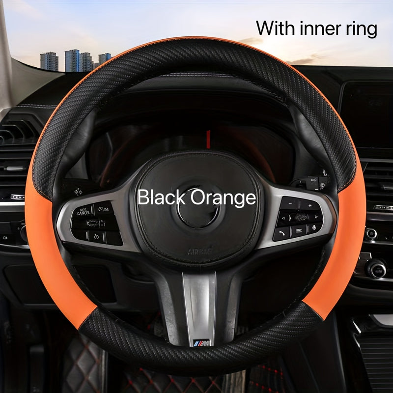 Funda de Volante de Fibra de Carbono Negro y Rojo con Anillo Interior - Cuero PU Antideslizante para Todas las Estaciones, Diseño Deportivo Elegante para Mayor Agarre y Comodidad