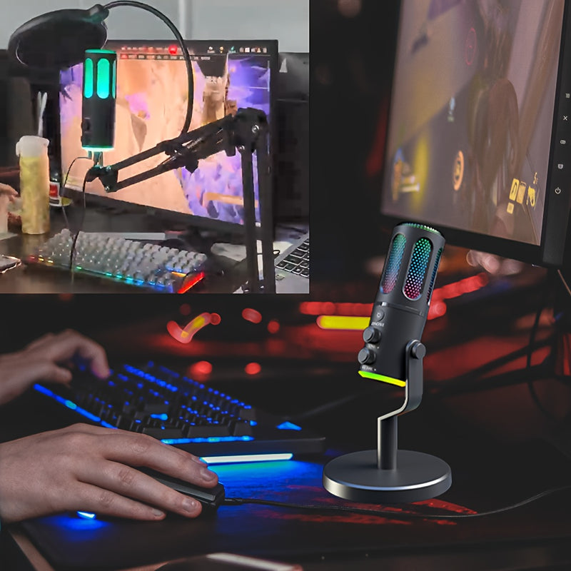 Micrófono Lewinner USB con Iluminación RGB, Cancelación de Ruido, Botón de Silencio - Ideal para Juegos, Podcasts, Twitch, PC y Smartphone - Micrófono Condensador Negro con Soporte Ajustable, LEWINNER