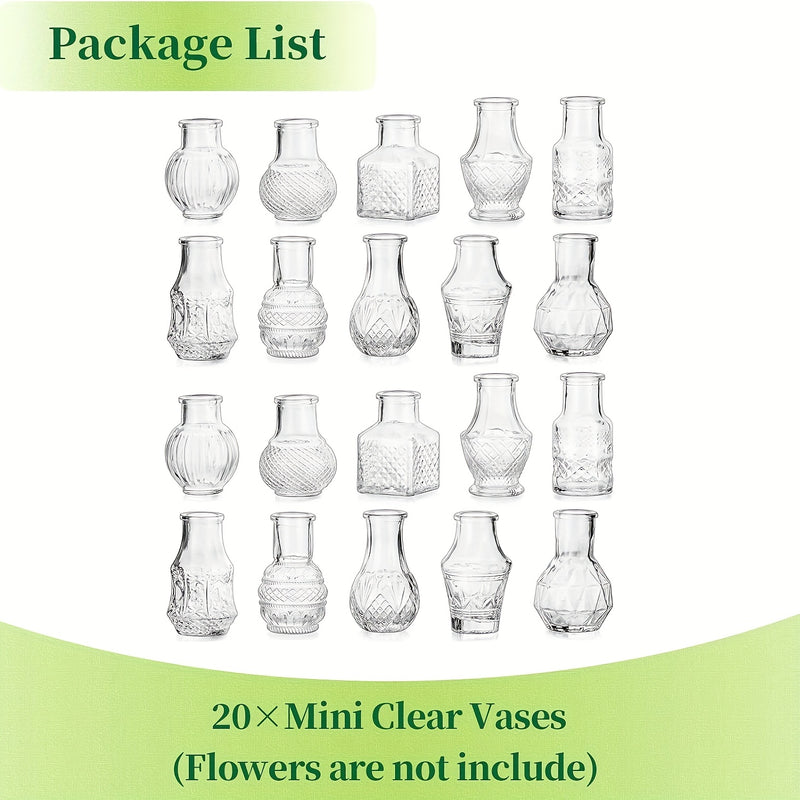 20 piezas de jarrones de flores de vidrio vintage para centros de mesa - Jarrón de flores transparente de miniatura, conjunto de diseños variados (flores, frutas, verduras), ideal para decoración del hogar, jarrones de decoración del hogar