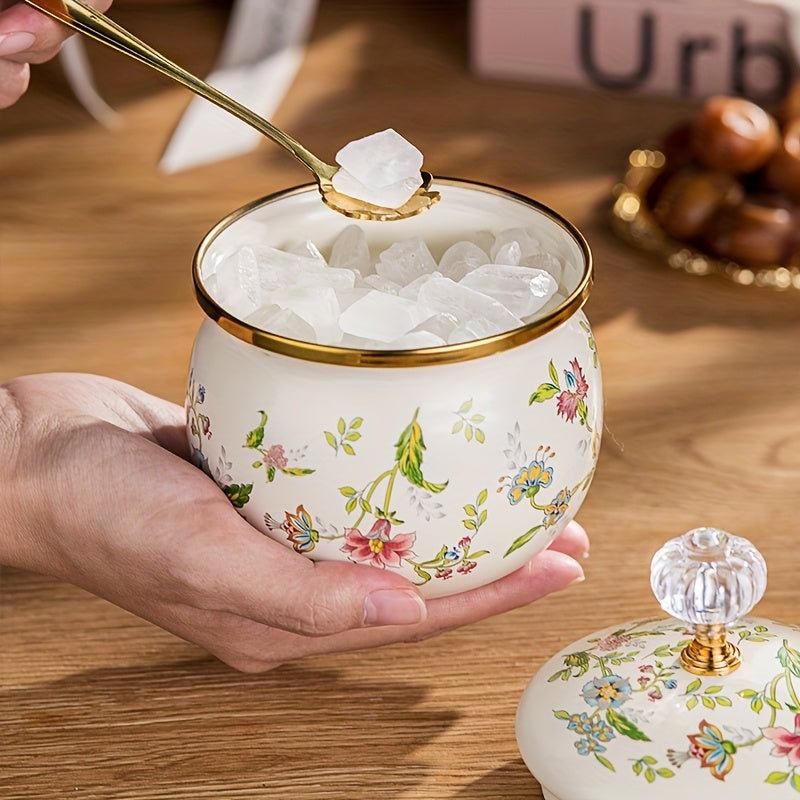 Tarro de azúcar floral esmaltado con tapa dorada, 1 unidad – Hermético, multiusos para almacenar café, té y alimentos, diseño redondo, solo lavado a mano