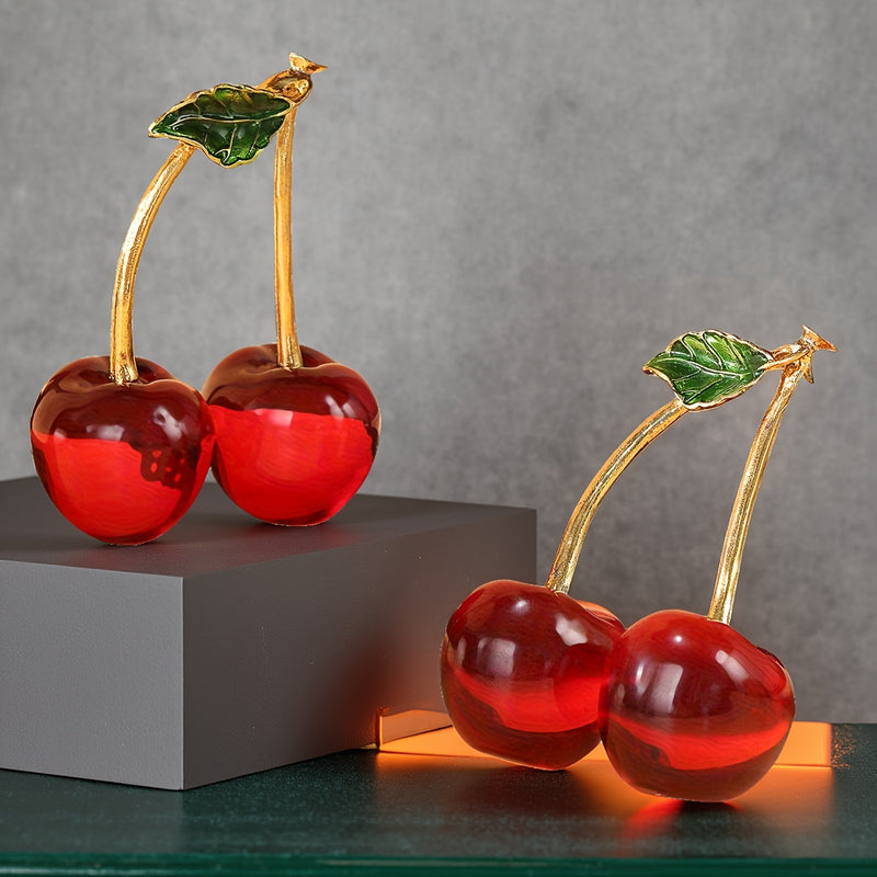 Par de Figuras de Cerezas de Cristal - Cerezos Rojos con Hojas Verdes y Tallos Dorados, Decoración para Interiores/Exteriores, Centro de Mesa Elegante sin Necesidad de Electricidad, Ideal para Sala, Oficina o Cafetería