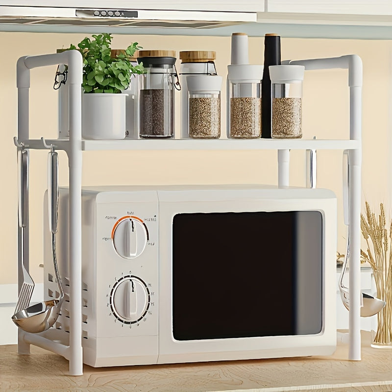 Estantería de Cocina de Almacenamiento Abierto con Compartimento para Microondas - Plástico Duradero, Diseño de Dos Niveles para una Organización Eficiente, Incluye Porta Utensilios y Estantes Espaciosos para Productos Secos, Organizadores y Almacenamien