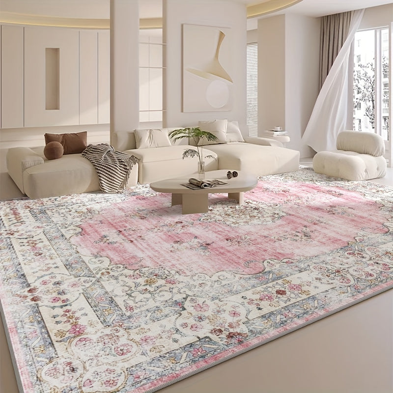 Lujoso tapete de área floral bohemio de terciopelo - Ultra-suave, grueso, antideslizante, lavable a máquina, diseño beige claro y rosa para sala de estar, dormitorio, comedor y oficina - Forma rectangular, ligero, tejido a mano de poliéster, alfombras pa
